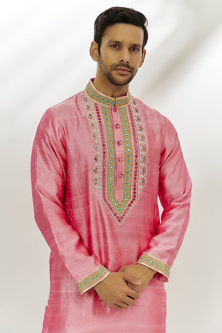 Pastel Pink Raw Silk Resham & Thread Embroidered Kurta by Nadima Saqib Men at Pernia's Pop Up Shop