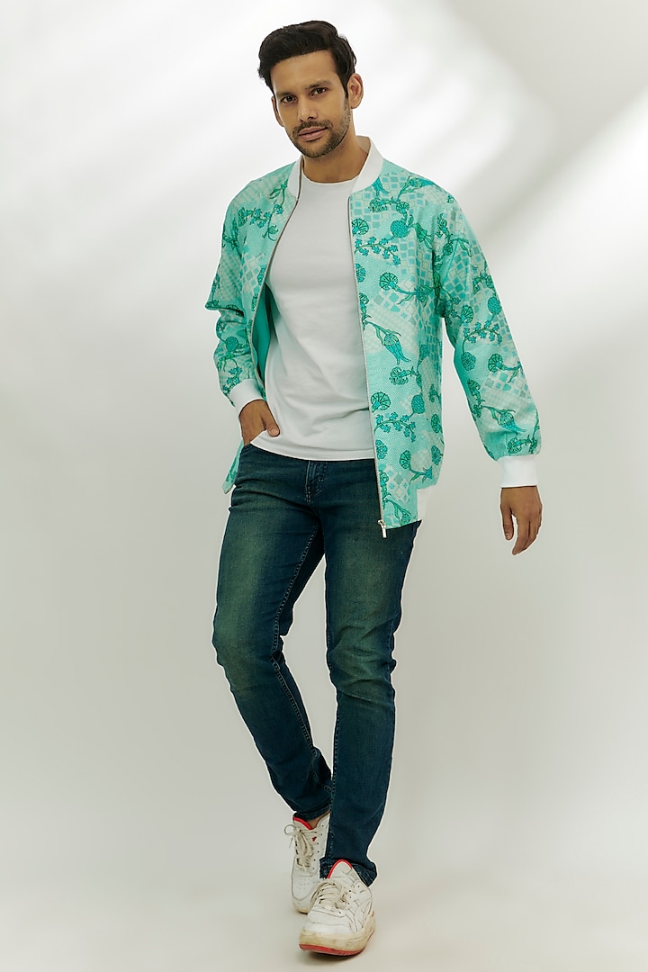 Cyan Blue Viscose Dupion Digital Printed Bomber Jacket by Nadima Saqib Men at Pernia's Pop Up Shop