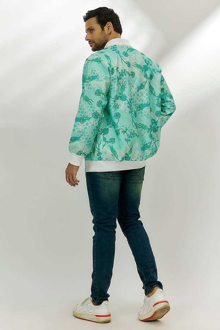 Cyan Blue Viscose Dupion Digital Printed Bomber Jacket by Nadima Saqib Men at Pernia's Pop Up Shop
