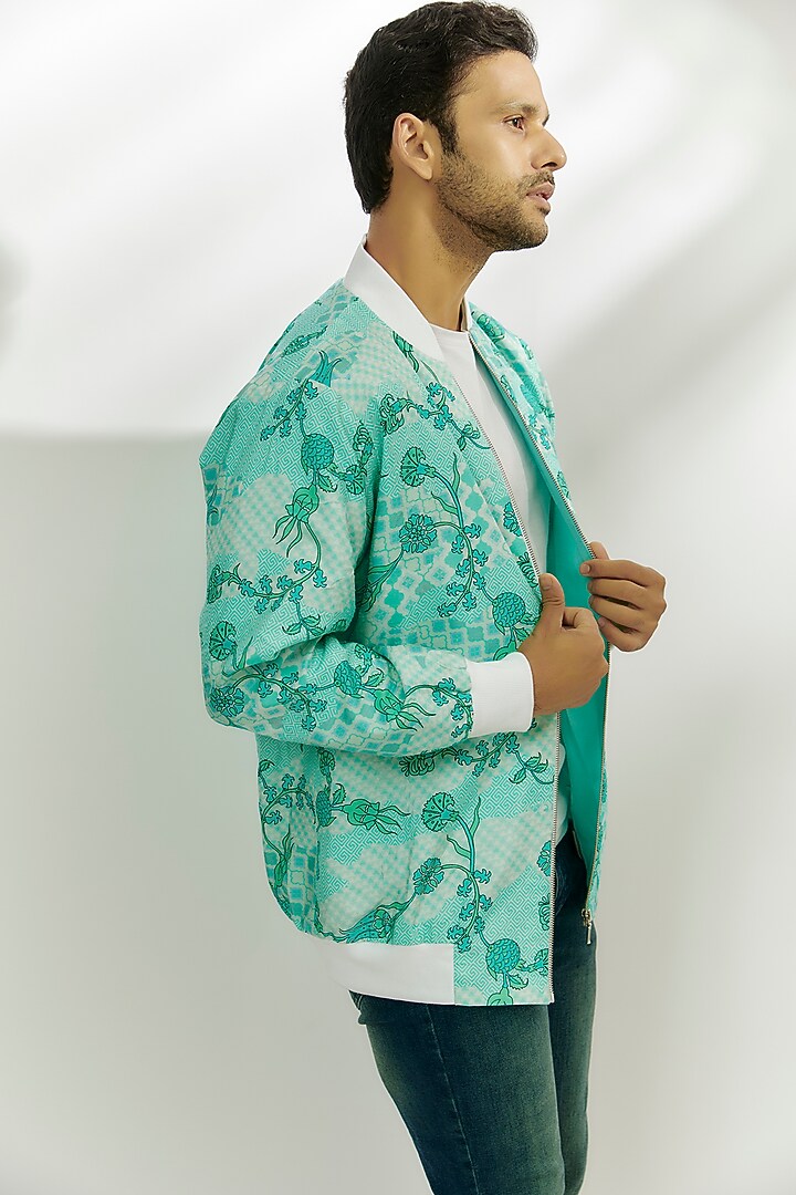 Cyan Blue Viscose Dupion Digital Printed Bomber Jacket by Nadima Saqib Men at Pernia's Pop Up Shop