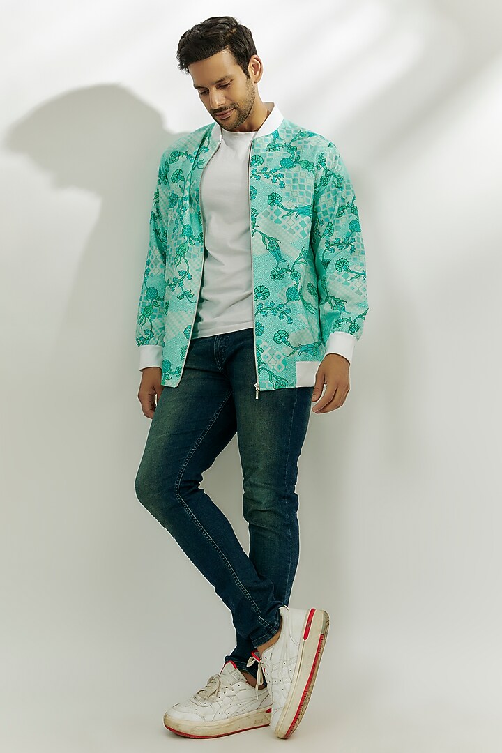 Cyan Blue Viscose Dupion Digital Printed Bomber Jacket by Nadima Saqib Men at Pernia's Pop Up Shop