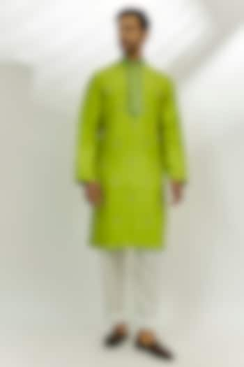 Lime Green Raw Silk Resham & Pearl Embroidered Kurta by Nadima Saqib Men