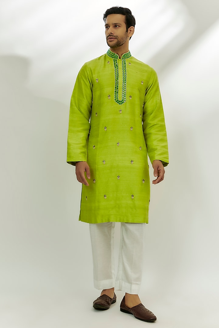 Lime Green Raw Silk Resham & Pearl Embroidered Kurta by Nadima Saqib Men