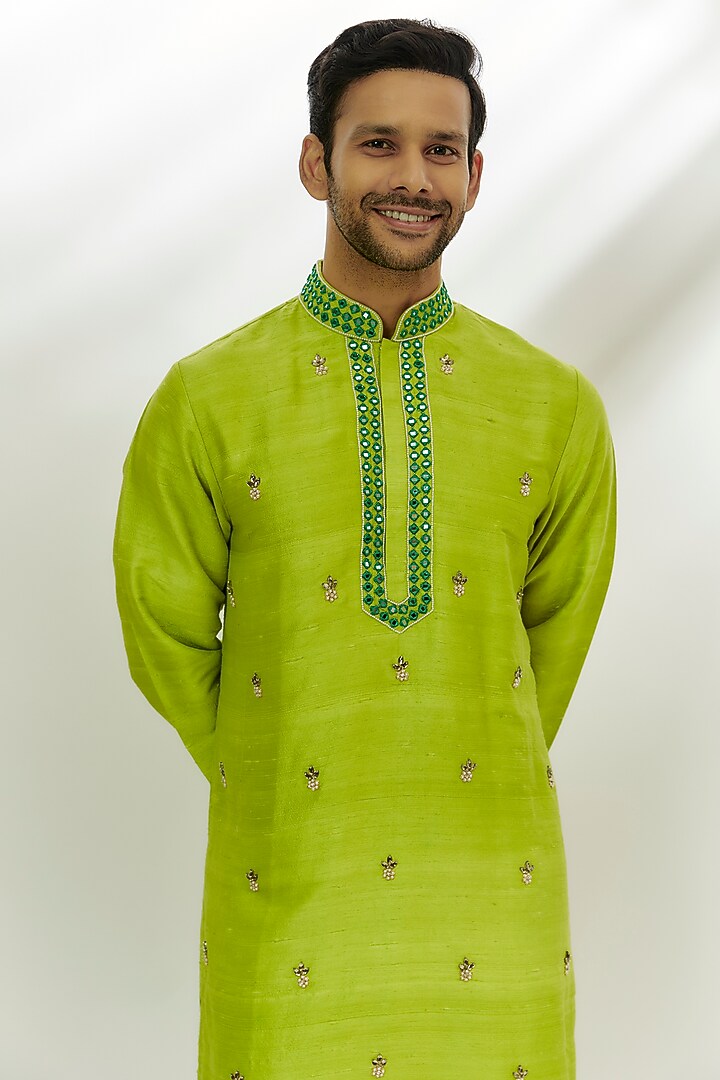 Lime Green Raw Silk Resham & Pearl Embroidered Kurta by Nadima Saqib Men at Pernia's Pop Up Shop