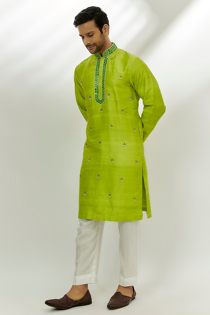 Lime Green Raw Silk Resham & Pearl Embroidered Kurta by Nadima Saqib Men at Pernia's Pop Up Shop