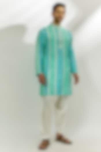 Cyan Blue Viscose Dupion Digital Printed & Hand Embroidered Kurta by Nadima Saqib Men at Pernia's Pop Up Shop