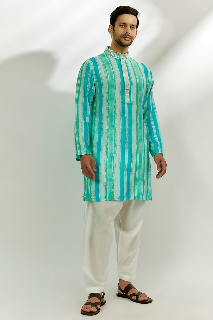 Cyan Blue Viscose Dupion Digital Printed & Hand Embroidered Kurta by Nadima Saqib Men at Pernia's Pop Up Shop