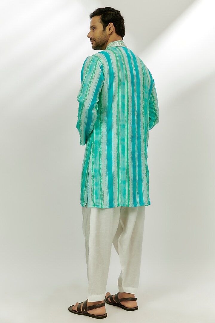 Cyan Blue Viscose Dupion Digital Printed & Hand Embroidered Kurta by Nadima Saqib Men at Pernia's Pop Up Shop