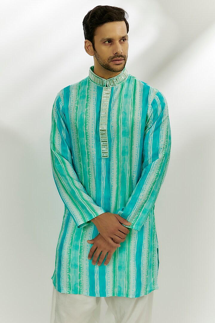 Cyan Blue Viscose Dupion Digital Printed & Hand Embroidered Kurta by Nadima Saqib Men at Pernia's Pop Up Shop