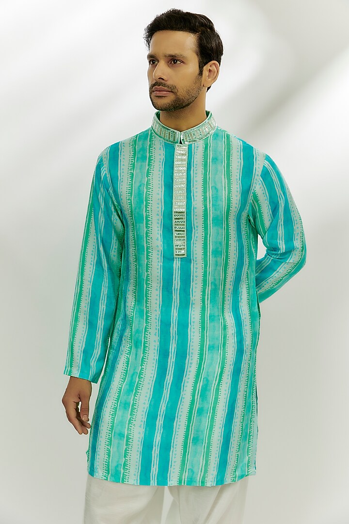 Cyan Blue Viscose Dupion Digital Printed & Hand Embroidered Kurta by Nadima Saqib Men at Pernia's Pop Up Shop