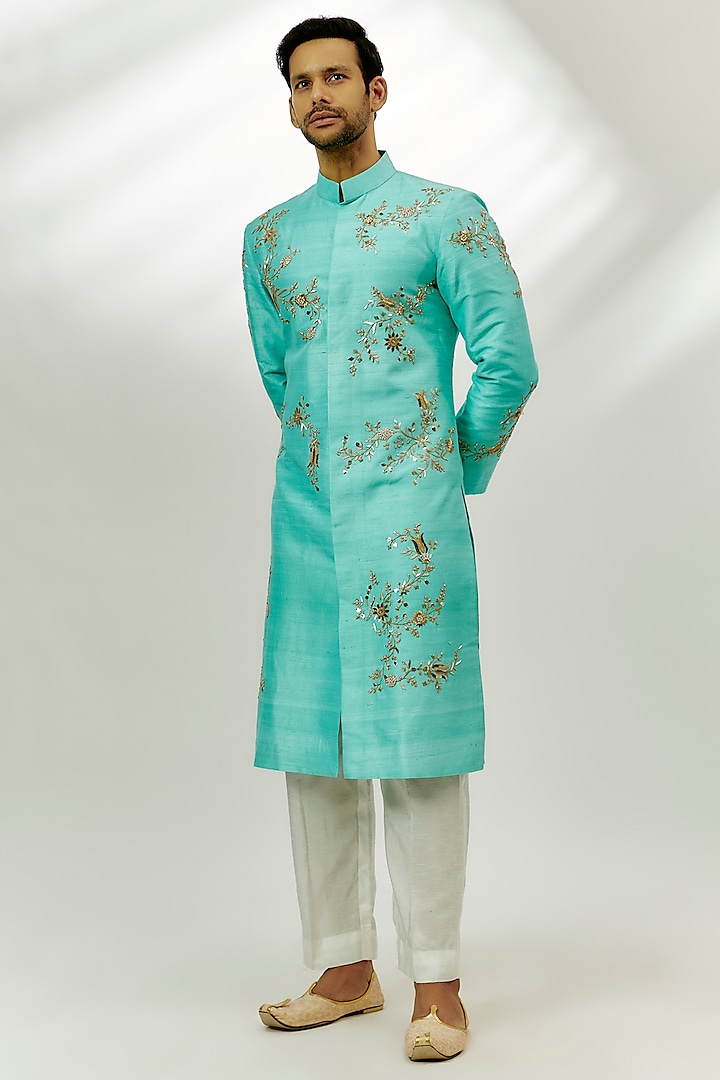 Cyan Blue Raw Silk Zardosi & Thread Embroidered Sherwani Set by Nadima Saqib Men