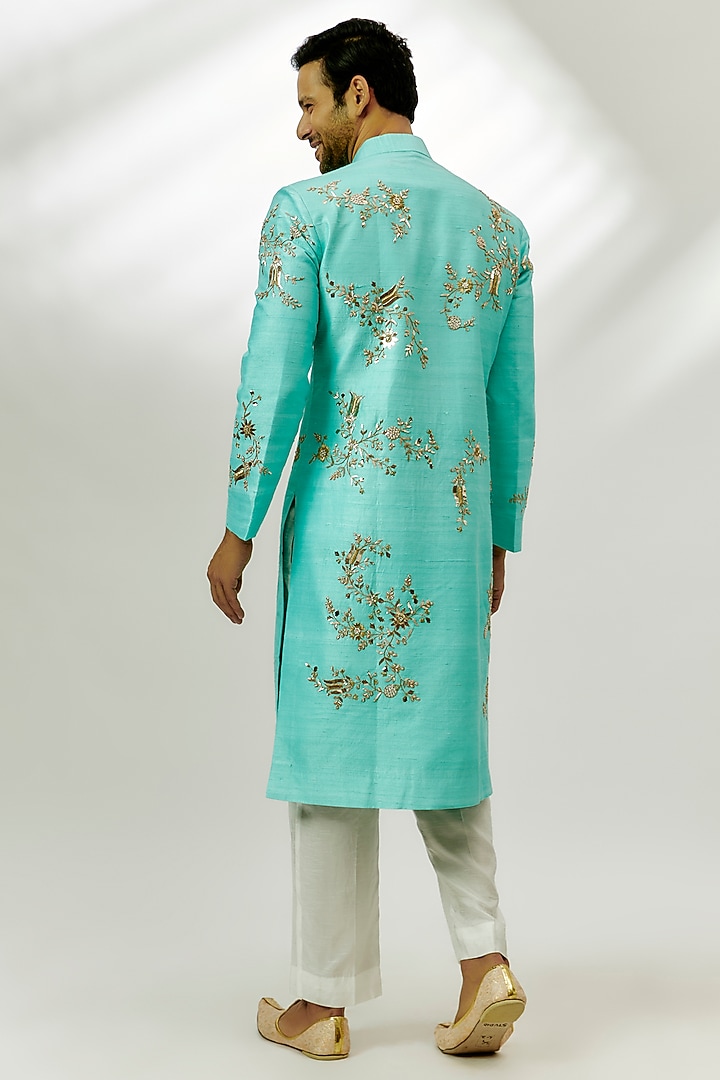 Cyan Blue Raw Silk Zardosi & Thread Embroidered Wedding Sherwani Set by Nadima Saqib Men at Pernia's Pop Up Shop