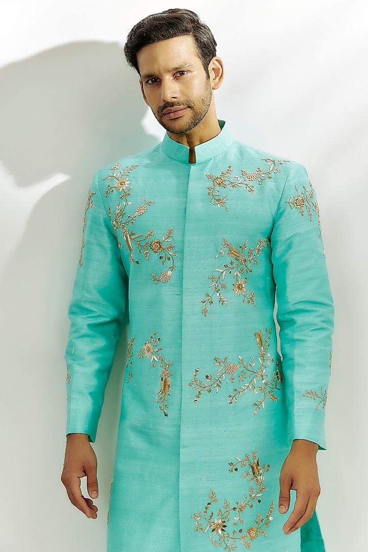 Cyan Blue Raw Silk Zardosi & Thread Embroidered Wedding Sherwani Set by Nadima Saqib Men at Pernia's Pop Up Shop