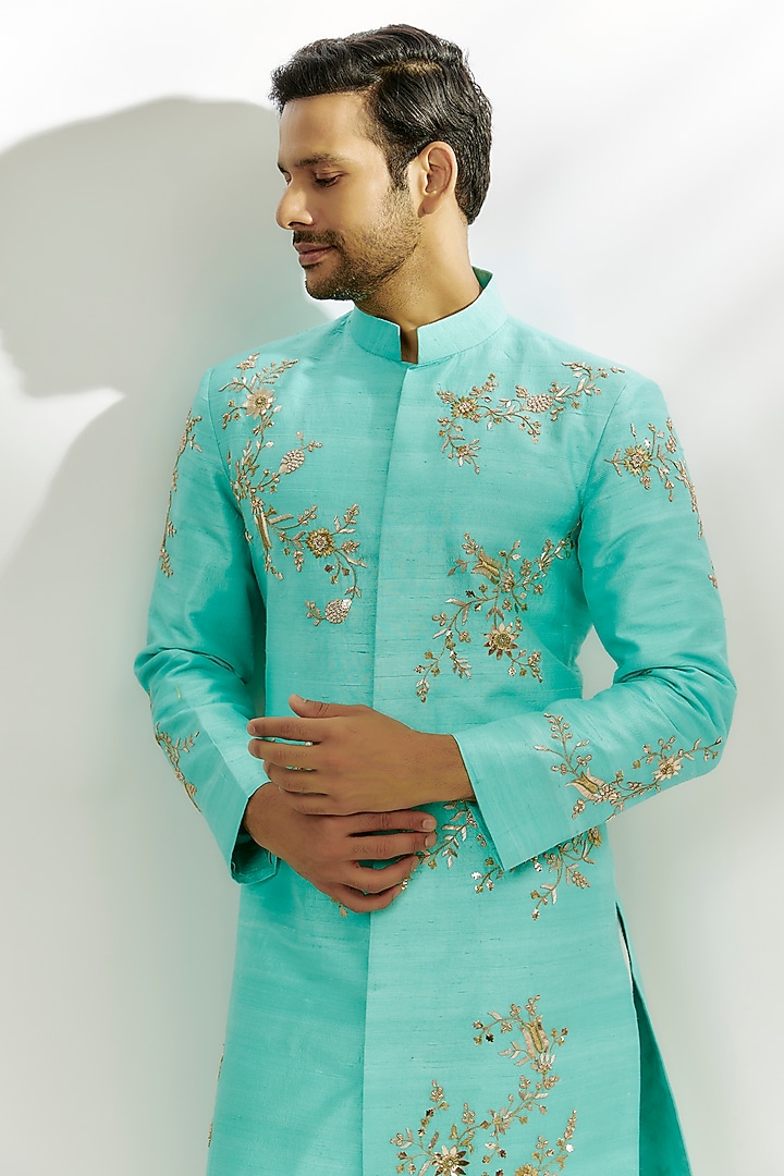 Cyan Blue Raw Silk Zardosi & Thread Embroidered Wedding Sherwani Set by Nadima Saqib Men at Pernia's Pop Up Shop