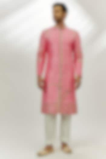 Pastel Pink Raw Silk Zardosi & Thread Embroidered Sherwani Set by Nadima Saqib Men