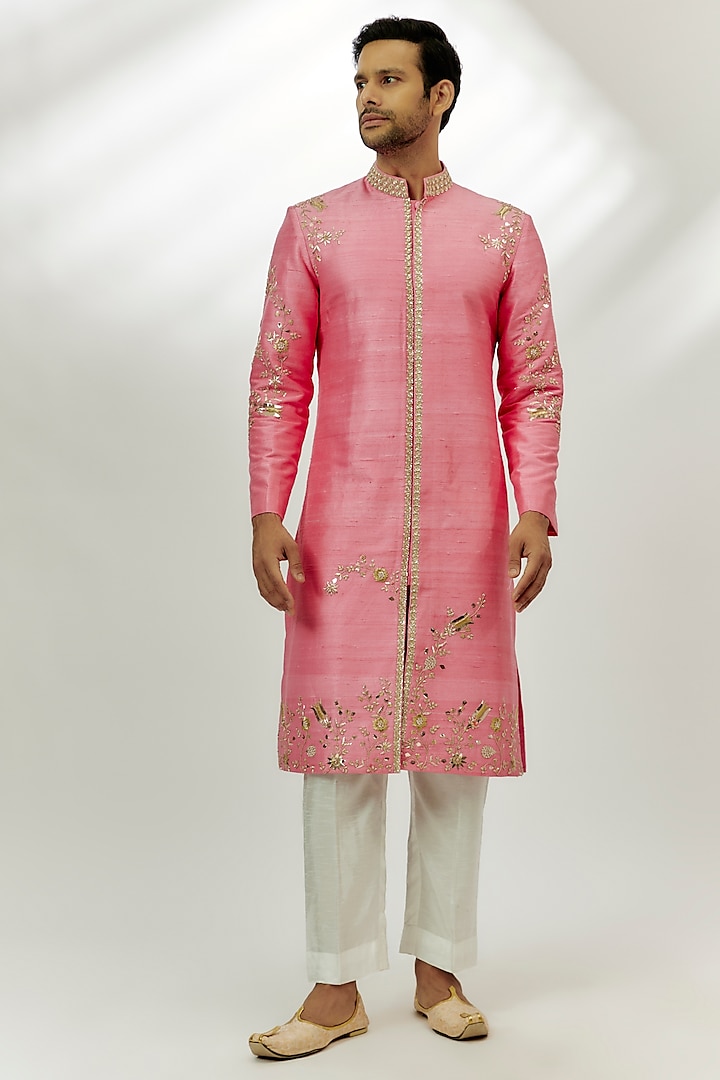 Pastel Pink Raw Silk Zardosi & Thread Embroidered Sherwani Set by Nadima Saqib Men