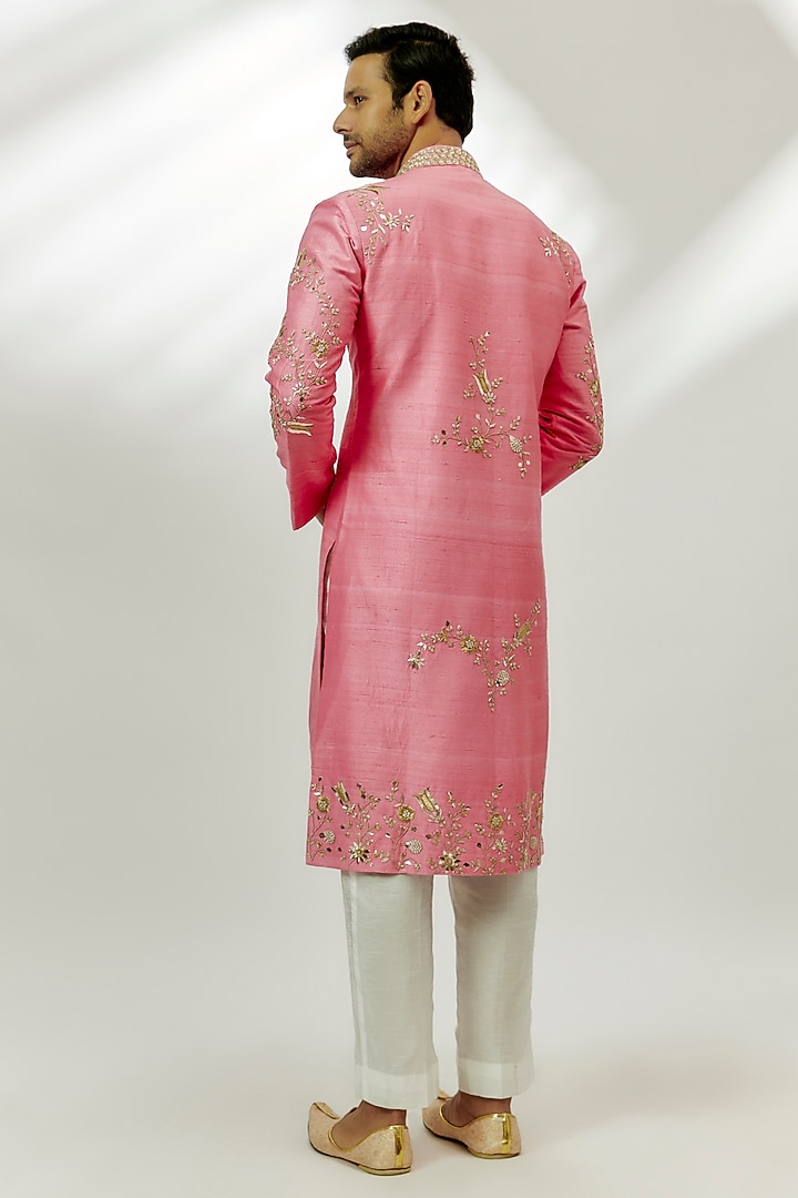 Pastel Pink Raw Silk Zardosi & Thread Embroidered Wedding Sherwani Set by Nadima Saqib Men at Pernia's Pop Up Shop