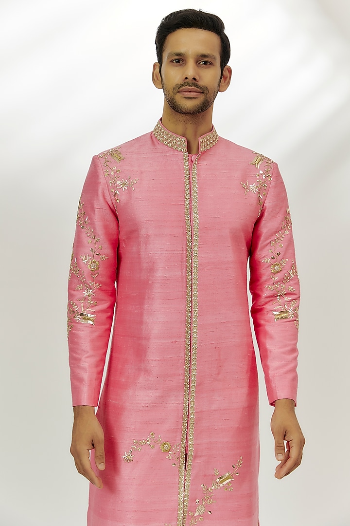 Pastel Pink Raw Silk Zardosi & Thread Embroidered Wedding Sherwani Set by Nadima Saqib Men at Pernia's Pop Up Shop