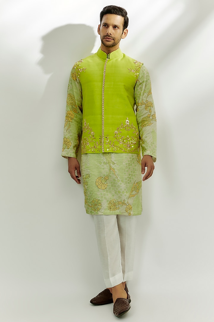 Lime Green Raw Silk Zardosi & Thread Embroidered Bundi Jacket Set by Nadima Saqib Men