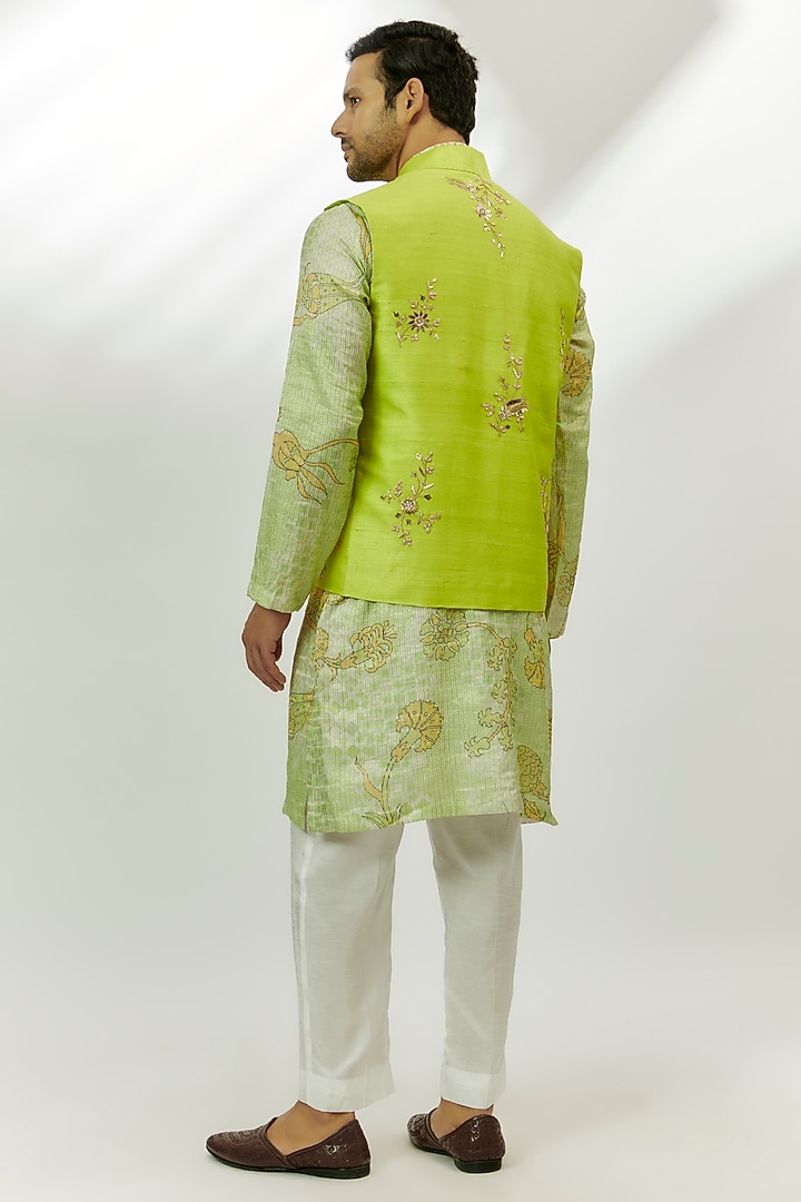Lime Green Raw Silk Zardosi & Thread Embroidered Bundi Jacket Set by Nadima Saqib Men at Pernia's Pop Up Shop