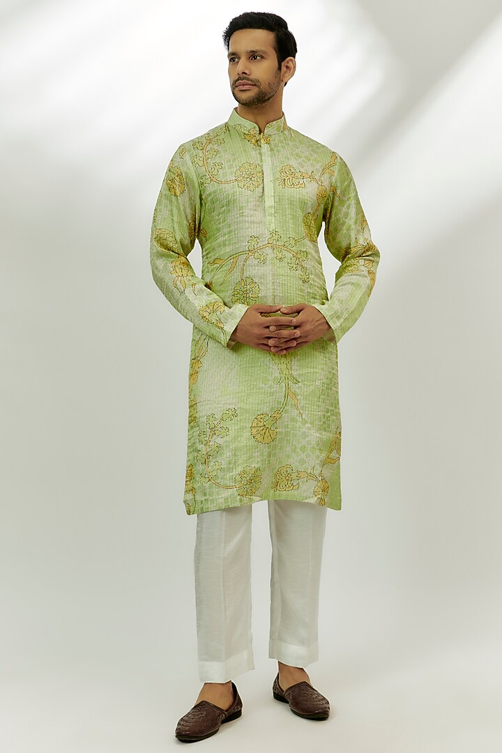 Lime Green Raw Silk Zardosi & Thread Embroidered Bundi Jacket Set by Nadima Saqib Men at Pernia's Pop Up Shop