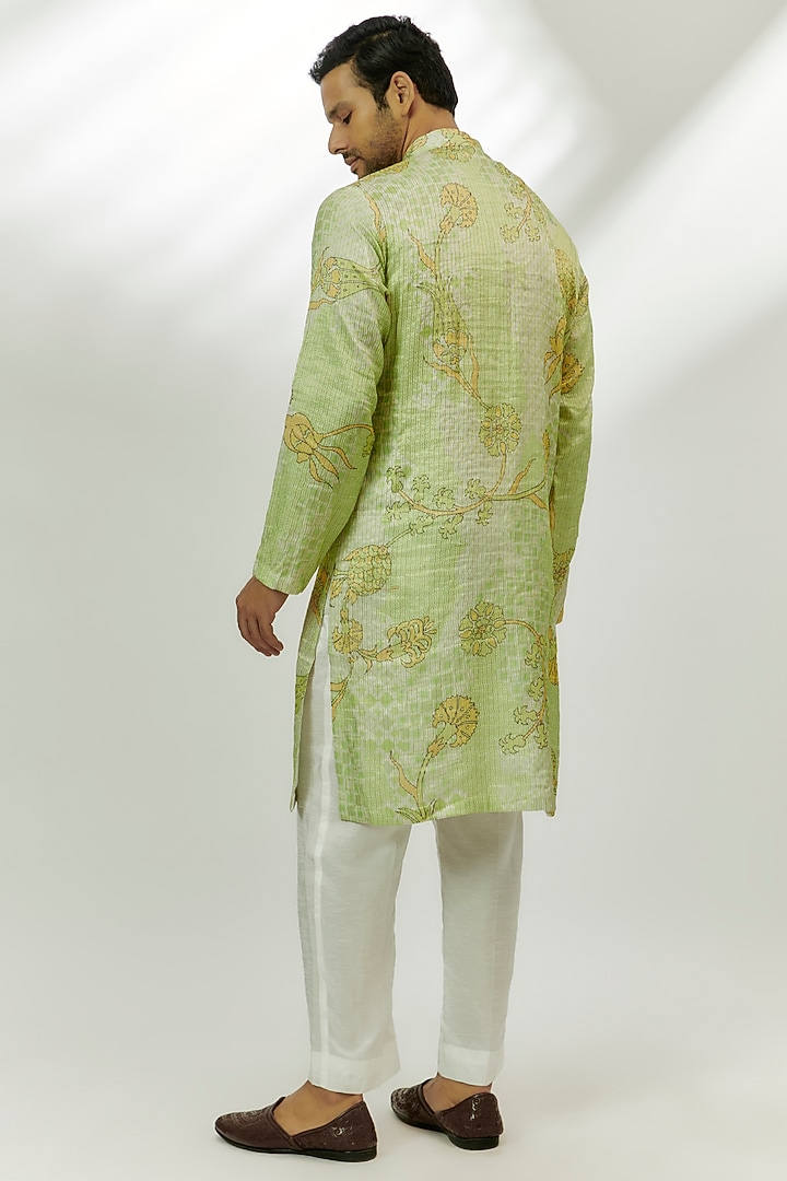 Lime Green Raw Silk Zardosi & Thread Embroidered Bundi Jacket Set by Nadima Saqib Men at Pernia's Pop Up Shop
