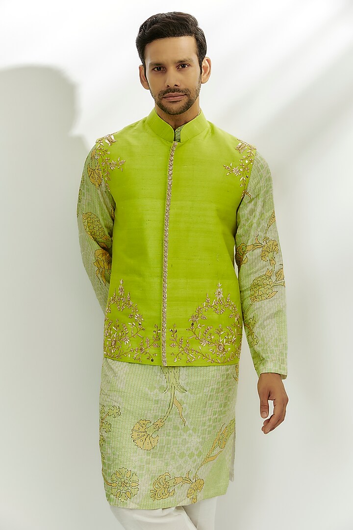 Lime Green Raw Silk Zardosi & Thread Embroidered Bundi Jacket Set by Nadima Saqib Men at Pernia's Pop Up Shop