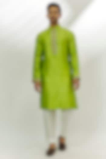 Lime Green Raw Silk Gota Patti & Pearl Embroidered Kurta by Nadima Saqib Men at Pernia's Pop Up Shop