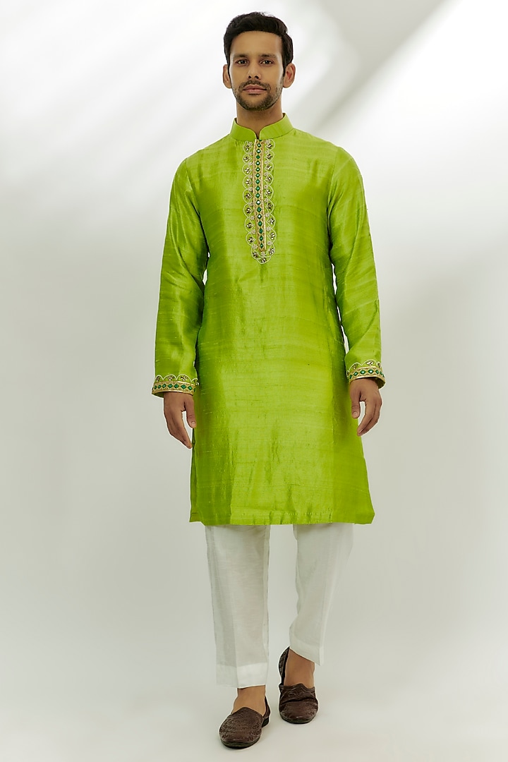 Lime Green Raw Silk Gota Patti & Pearl Embroidered Kurta by Nadima Saqib Men