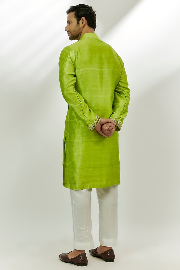 Lime Green Raw Silk Gota Patti & Pearl Embroidered Kurta by Nadima Saqib Men at Pernia's Pop Up Shop