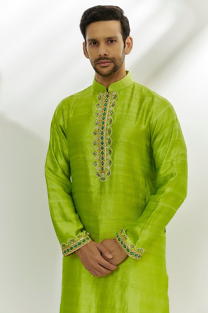 Lime Green Raw Silk Gota Patti & Pearl Embroidered Kurta by Nadima Saqib Men at Pernia's Pop Up Shop