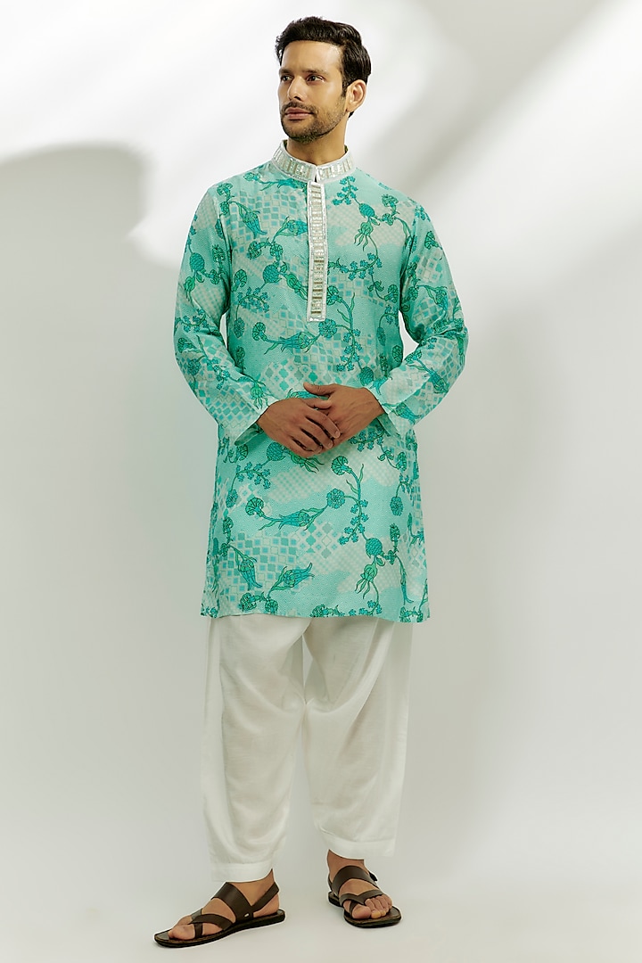 Cyan Blue Viscose Dupion Digital Printed & Hand Embroidered Kurta by Nadima Saqib Men