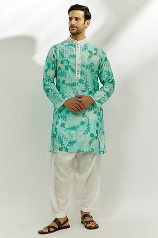 Cyan Blue Viscose Dupion Digital Printed & Hand Embroidered Kurta by Nadima Saqib Men