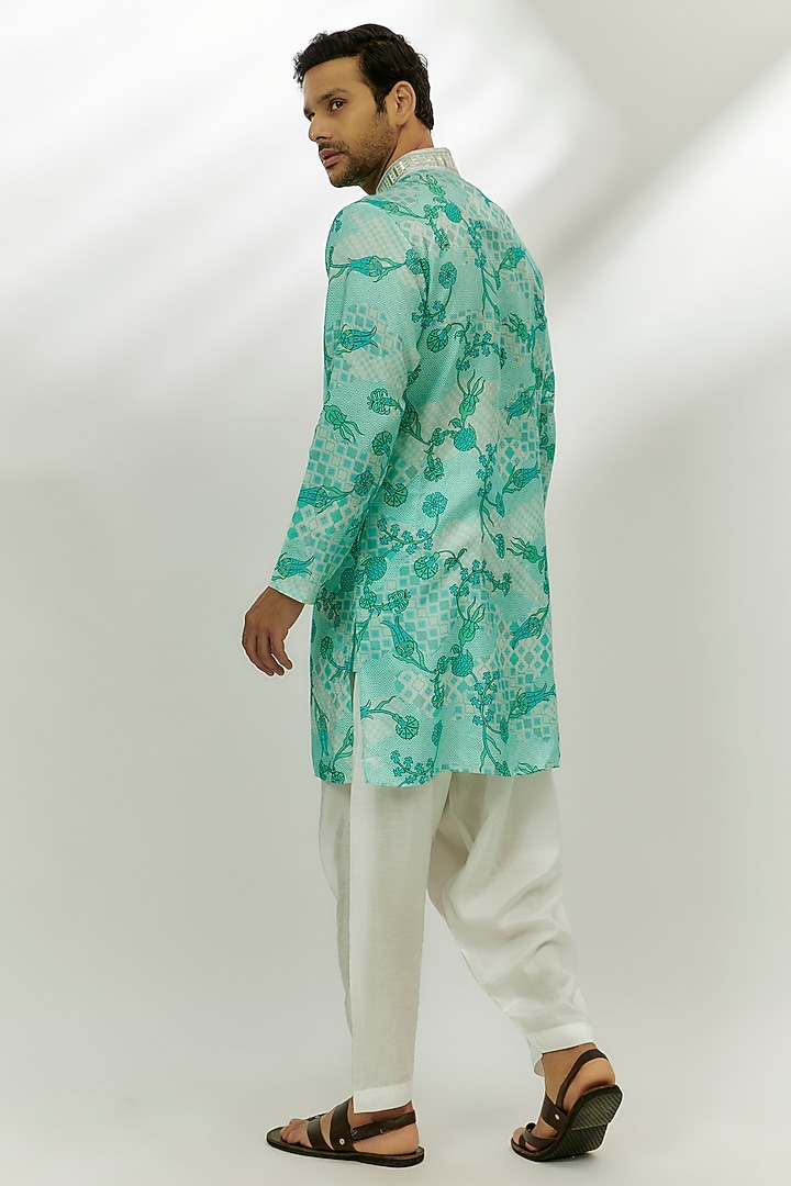 Cyan Blue Viscose Dupion Digital Printed & Hand Embroidered Kurta by Nadima Saqib Men at Pernia's Pop Up Shop