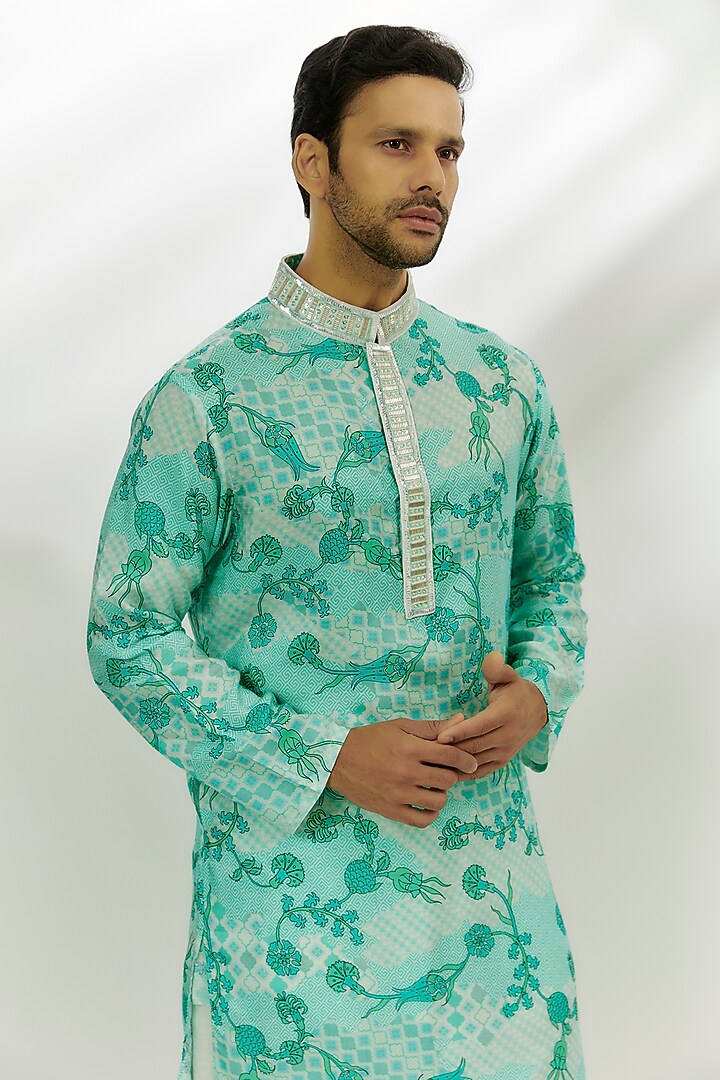 Cyan Blue Viscose Dupion Digital Printed & Hand Embroidered Kurta by Nadima Saqib Men at Pernia's Pop Up Shop