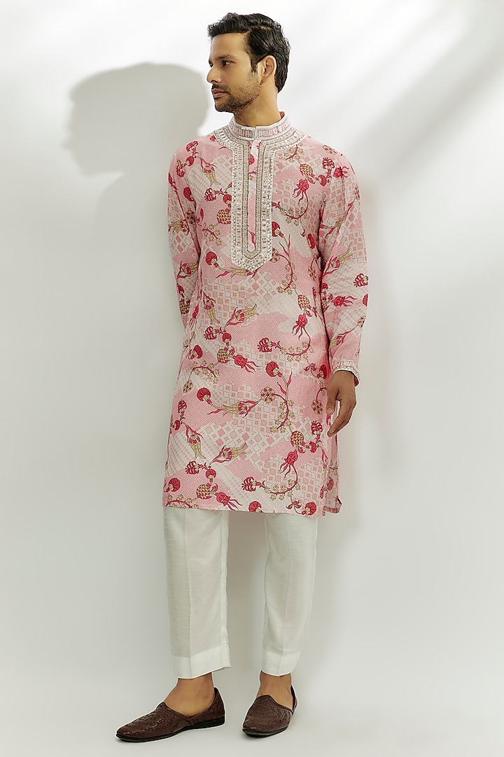 Pastel Pink Viscose Dupion Silk Sequins & Zardosi Hand Embroidered Kurta by Nadima Saqib Men