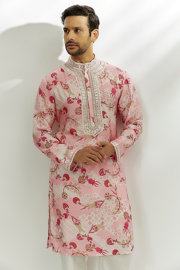 Pastel Pink Viscose Dupion Silk Sequins & Zardosi Hand Embroidered Kurta by Nadima Saqib Men at Pernia's Pop Up Shop