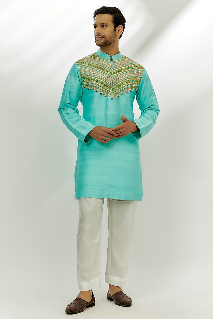 Cyan Blue raw Silk Resham & Gota Patti Embroidered Kurta by Nadima Saqib Men at Pernia's Pop Up Shop