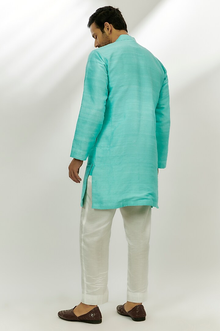 Cyan Blue raw Silk Resham & Gota Patti Embroidered Kurta by Nadima Saqib Men at Pernia's Pop Up Shop