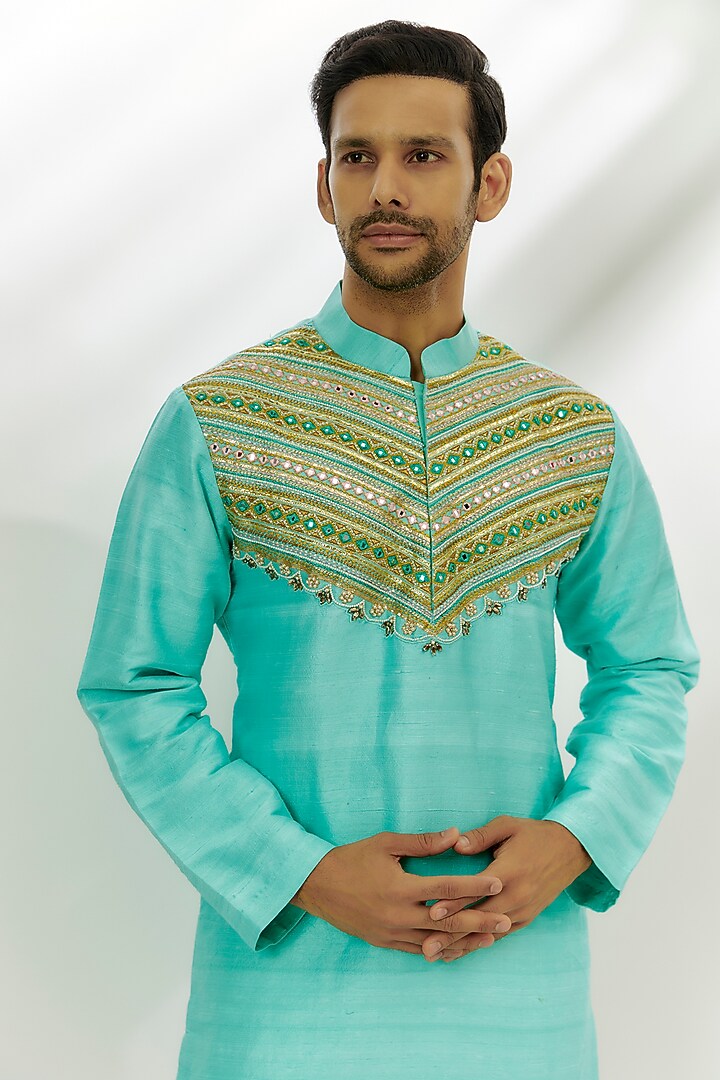 Cyan Blue raw Silk Resham & Gota Patti Embroidered Kurta by Nadima Saqib Men at Pernia's Pop Up Shop