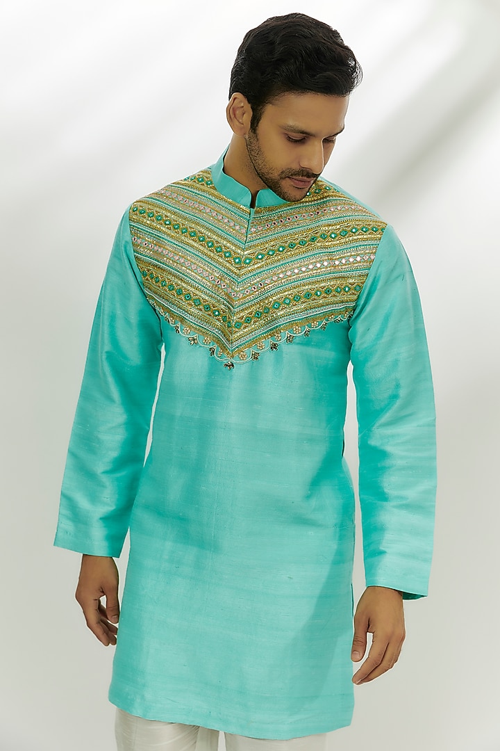Cyan Blue raw Silk Resham & Gota Patti Embroidered Kurta by Nadima Saqib Men at Pernia's Pop Up Shop