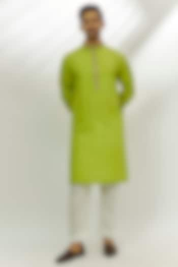 Lime Green Cotton Silk Resham & Thread Embroidered Kurta by Nadima Saqib Men