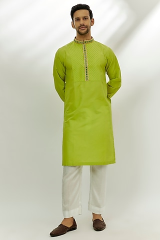 Lime Green Cotton Silk Resham & Thread Embroidered Kurta by Nadima Saqib Men