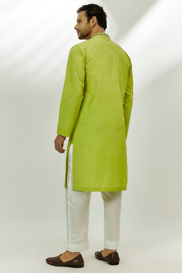 Lime Green Cotton Silk Resham & Thread Embroidered Kurta by Nadima Saqib Men at Pernia's Pop Up Shop