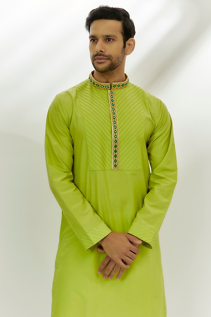 Lime Green Cotton Silk Resham & Thread Embroidered Kurta by Nadima Saqib Men at Pernia's Pop Up Shop