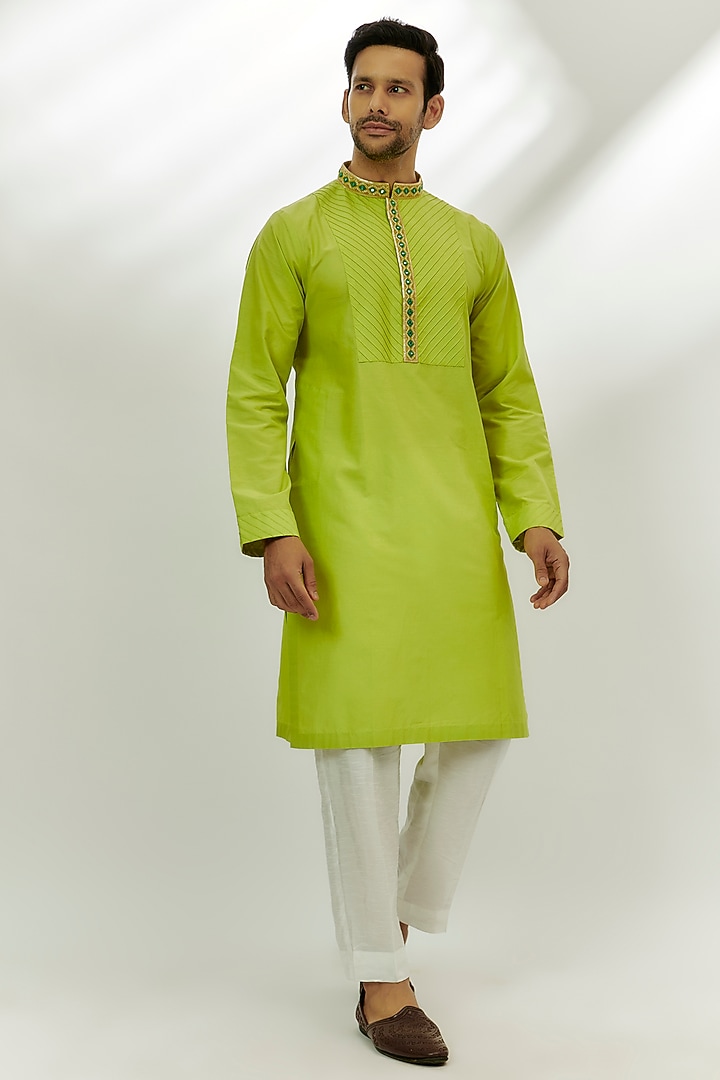 Lime Green Cotton Silk Resham & Thread Embroidered Kurta by Nadima Saqib Men at Pernia's Pop Up Shop