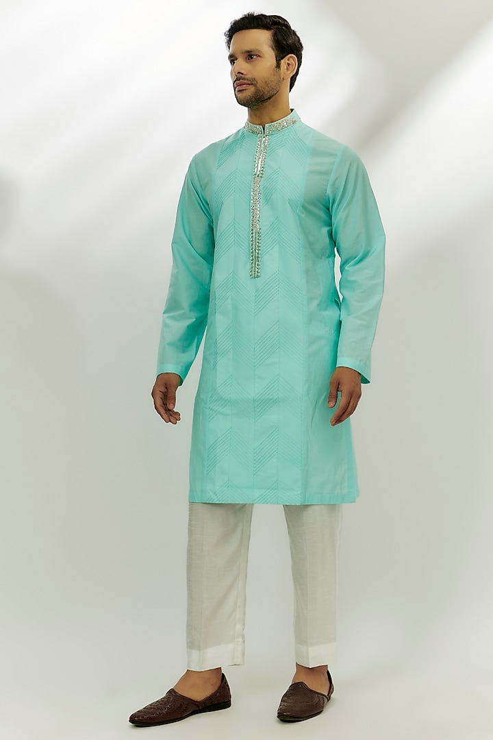 Cyan Blue Cotton Silk Zardosi Embroidered Kurta by Nadima Saqib Men