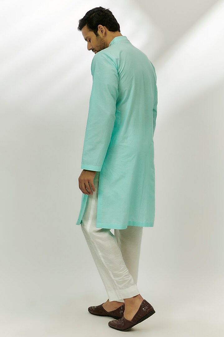 Cyan Blue Cotton Silk Zardosi Embroidered Kurta by Nadima Saqib Men at Pernia's Pop Up Shop