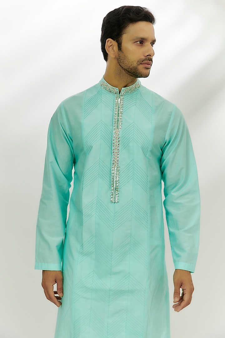 Cyan Blue Cotton Silk Zardosi Embroidered Kurta by Nadima Saqib Men at Pernia's Pop Up Shop