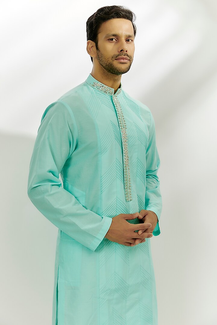 Cyan Blue Cotton Silk Zardosi Embroidered Kurta by Nadima Saqib Men at Pernia's Pop Up Shop